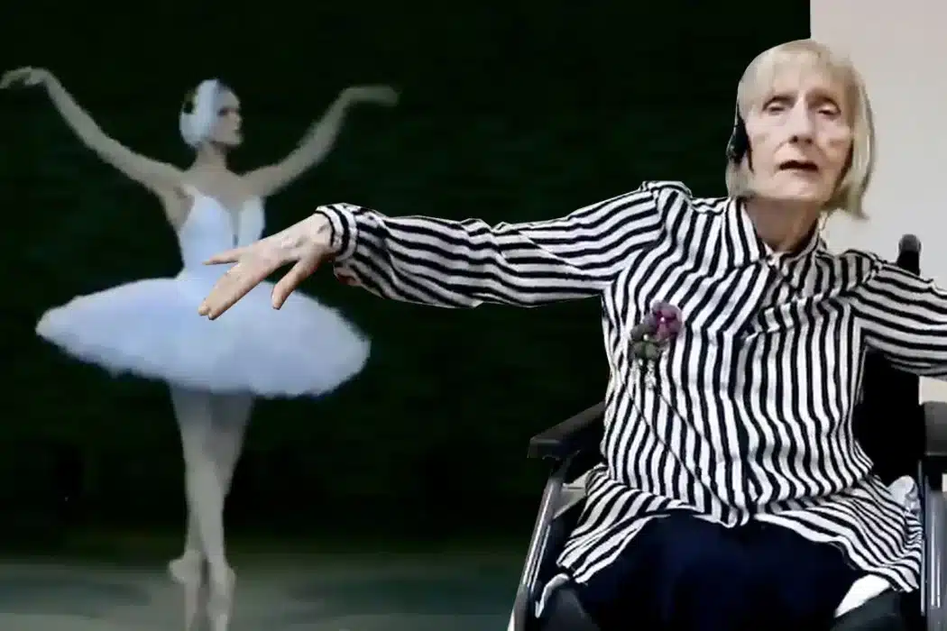 Photo of someone dancing with a video of a ballerina in the background